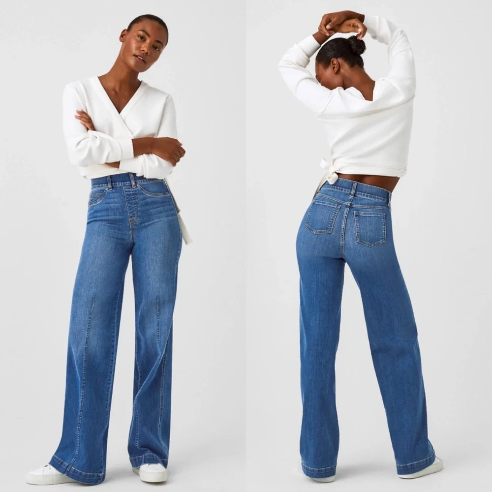 Spanx Seamed Front Wide Leg Jeans Vintage Indigo Size Medium - Picture 1 of 12